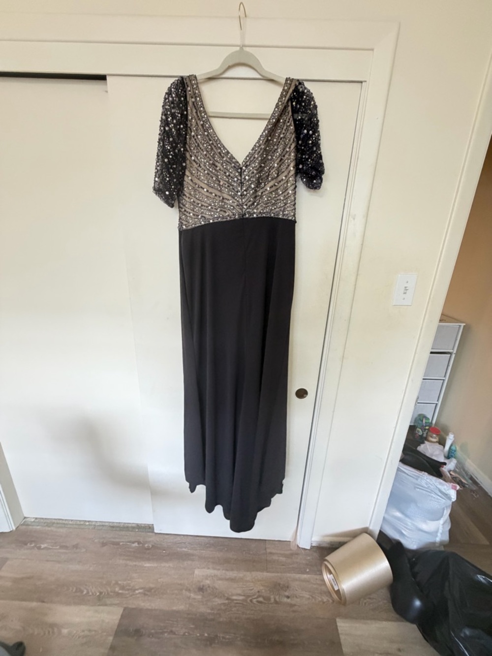 Black Label Black Beaded V-Neck Long Sleeve Evening Gown - Picture 3 of 5